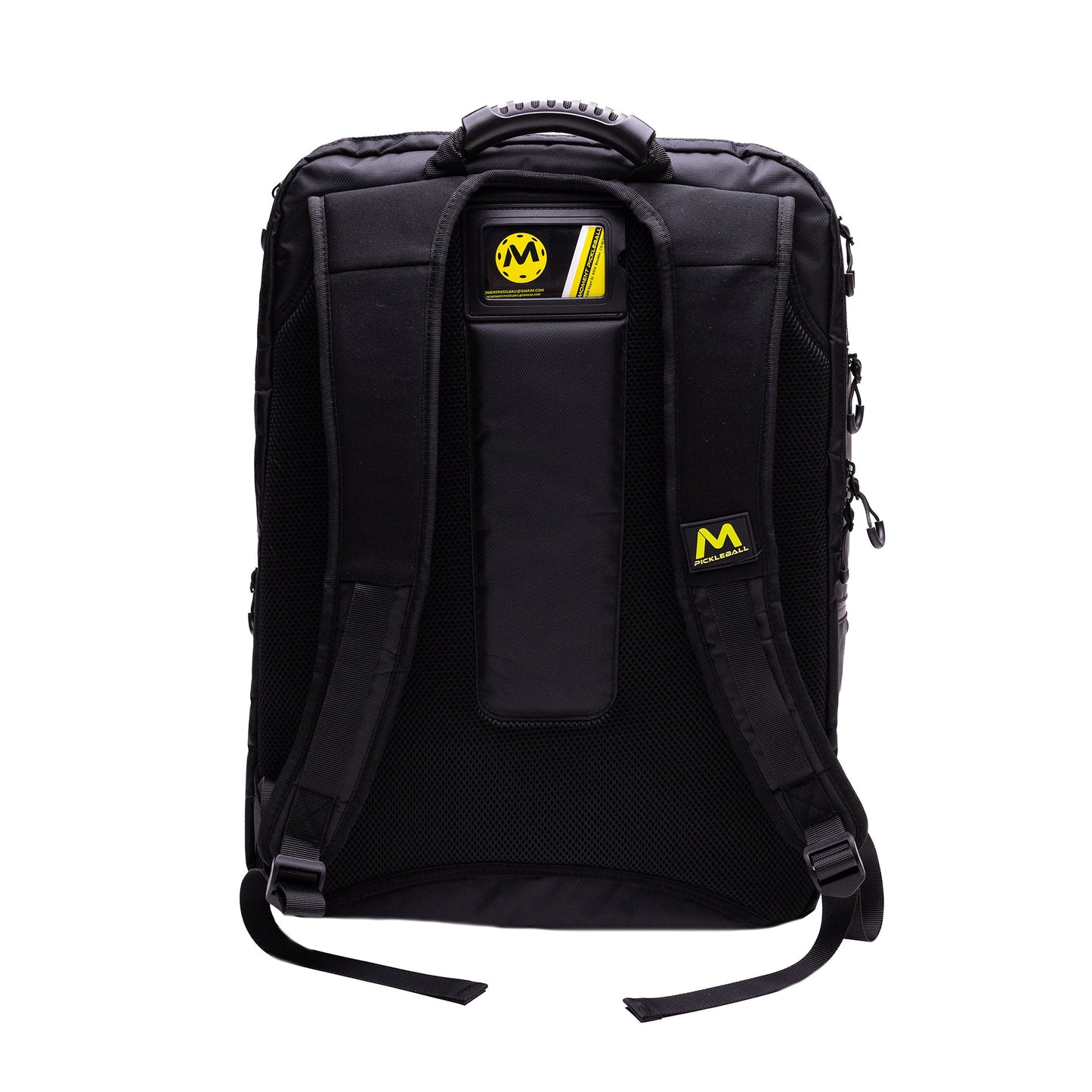 The Moment Pickleball MW-PRO Bag / Travel Bag Black/Yellow is shown from the back, featuring padded shoulder straps, mesh padding, a padded top handle, and two yellow and black logo patches for sleek style and practicality.
