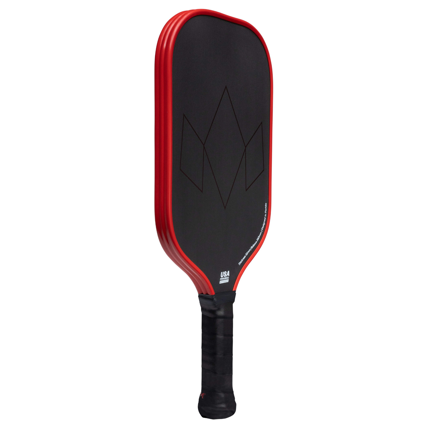 The Diadem Sports Warrior Edge pickleball paddle features a USAPA-approved black etched carbon face, thin red border, subtle diamond pattern, and a black grip-wrapped handle. Its rectangular shape has rounded edges for enhanced play.
