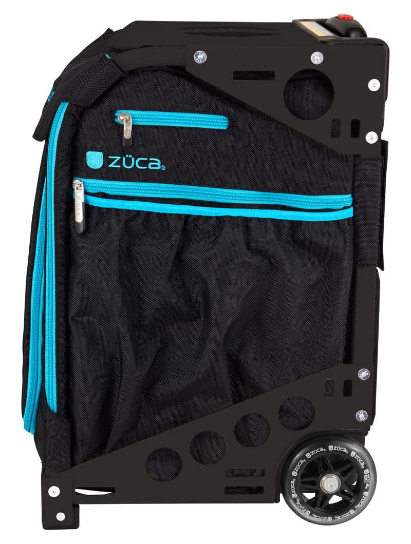 The ZUCA Pickleball Pro Black/Blue rolling bag stands upright, featuring blue zippers, circular cutouts on the frame with silver screws, a large zippered pocket, and a branded wheel for secure and stylish pickleball gear storage.