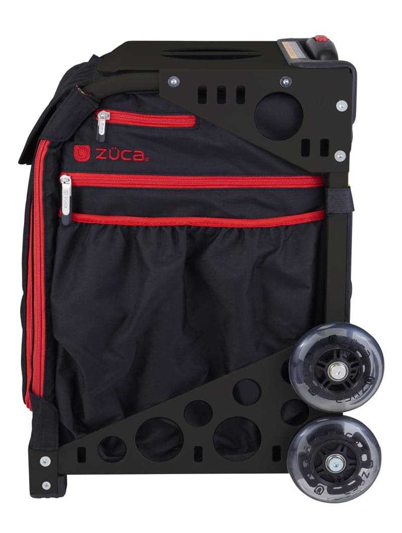 The ZUCA Pickleball Sport Black/Red bag features a rectangular metal frame with circular cutouts, two large clear wheels, red zippers, mesh and zippered side pockets, and a top handle—ideal for organized pickleball gear storage.