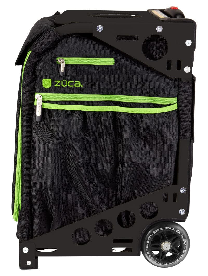 The ZUCA Pickleball Pro Black/Green rolling bag features green zippers, a sturdy metal frame, front and mesh side pockets, and visible wheels—designed for durability and easy transport of your pickleball gear.