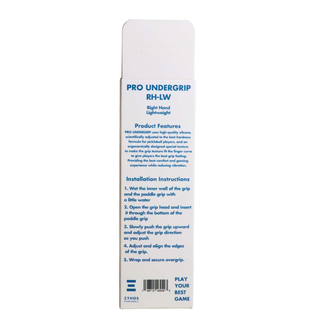 White rectangular packaging for the Ethos Pro Undergrip RH-LW by Ethos Pickleball. Blue text highlights its right hand-specific, lightweight, vibration-reducing features. ETHOS logo and "PLAY YOUR BEST GAME" slogan appear at the bottom.