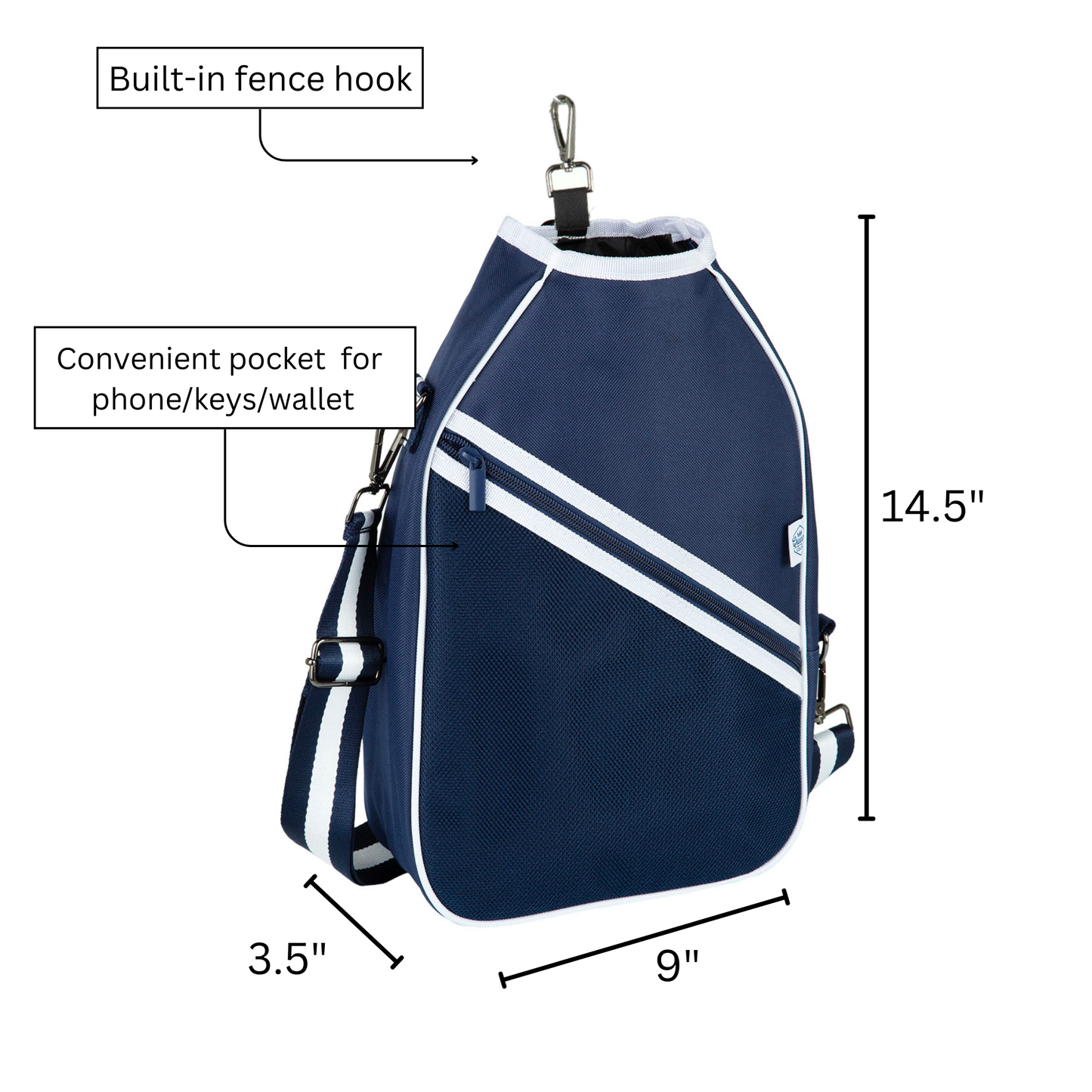 The Queen of the Court Essentials Pickleball Bag, in navy with white trim, stands upright and measures 14.5" x 9" x 3.5". It features a fence hook, zippered essentials pocket, and an adjustable shoulder strap—perfect for your pickleball gear.
