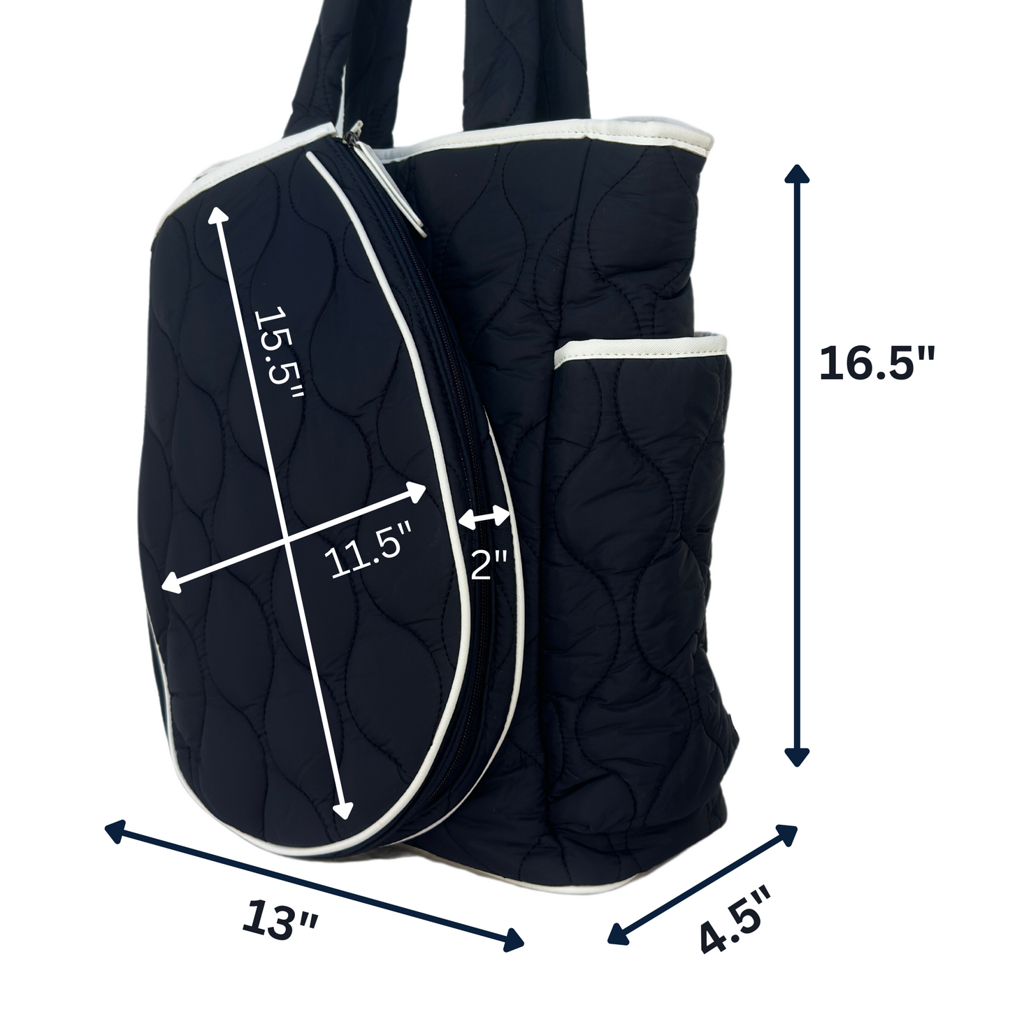 The Queen of the Court Park Ave Tennis Convertible Bag/Backpack is a black quilted tote shown at an angle, featuring white trim, two handles, side pockets, and a front pocket (15.5"x11.5"x2"). Size: 16.5"x13"x4.5".