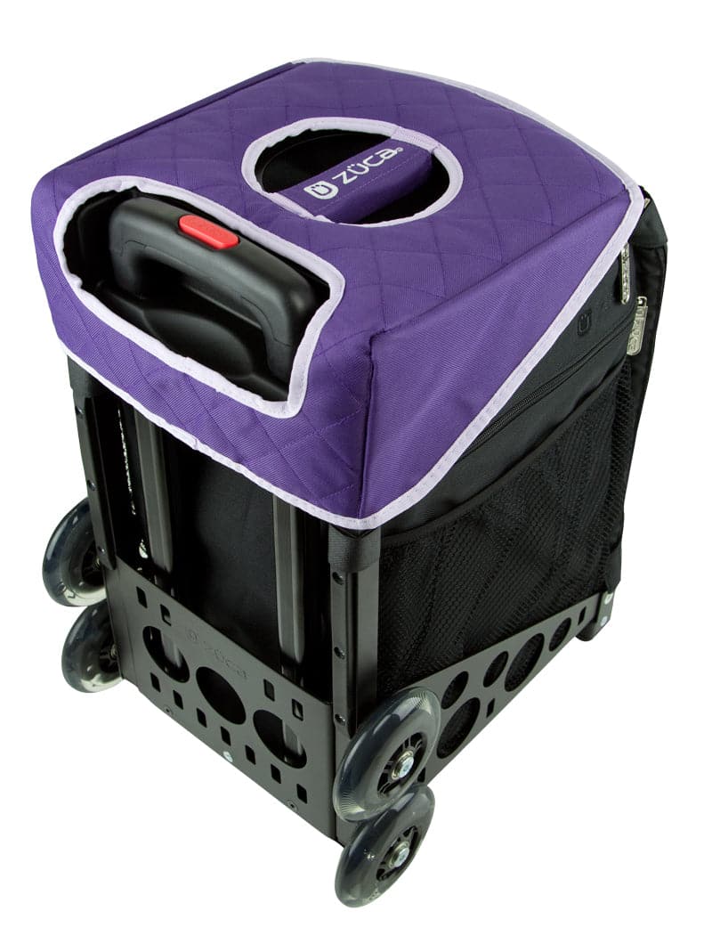 A black rolling utility cart with a sturdy metal frame, mesh side pockets, four wheels, and a purple quilted cover with handle opening—perfect for pairing with the ZUCA Reversible Seat Cushion.