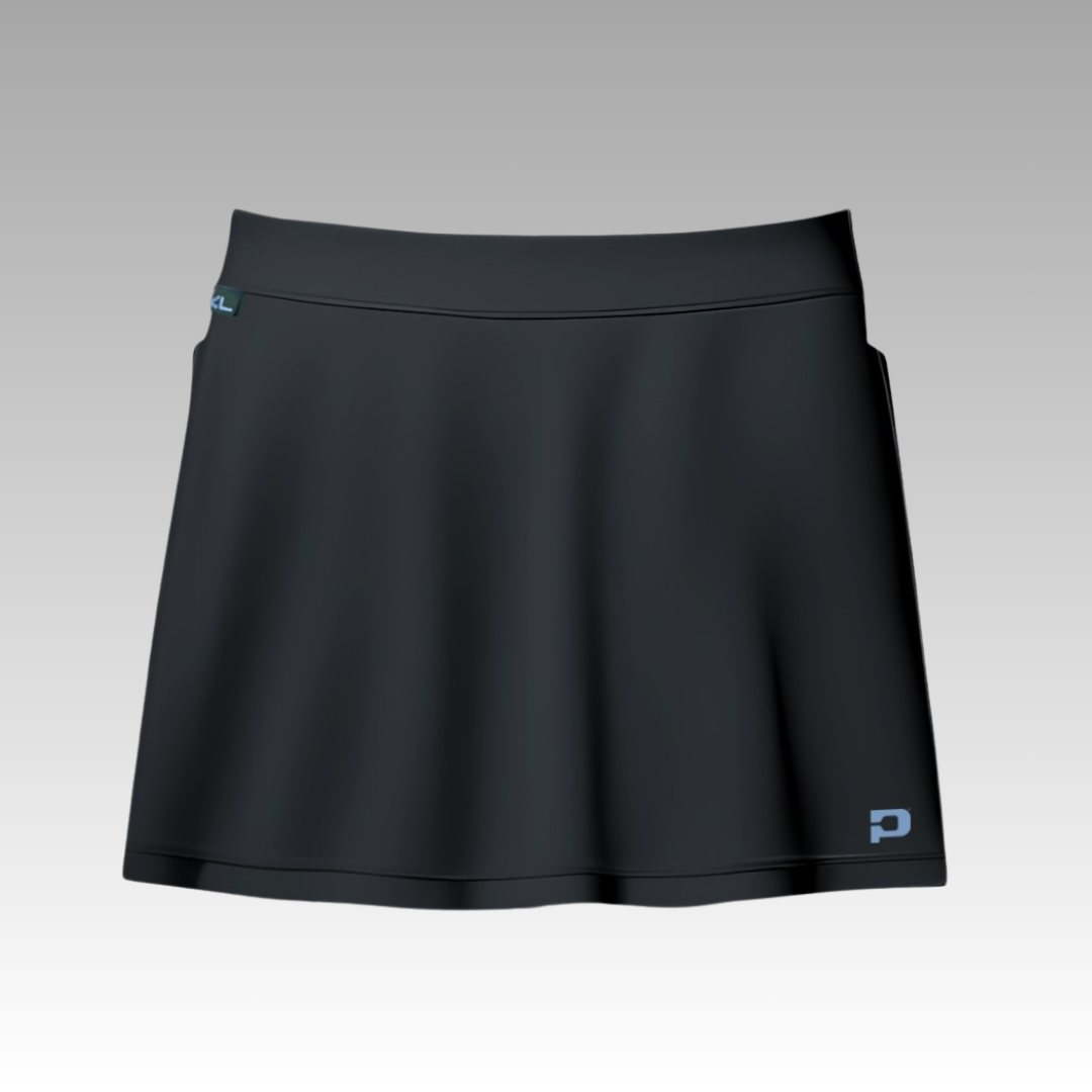 The Playly Store Sammy Skort 2.0 is a black high-waisted skort with a subtle A-line silhouette, made from CoolFlow fabric. It has a smooth waistband, a small blue P logo on the lower right hem, and is shown on a light gray gradient background.