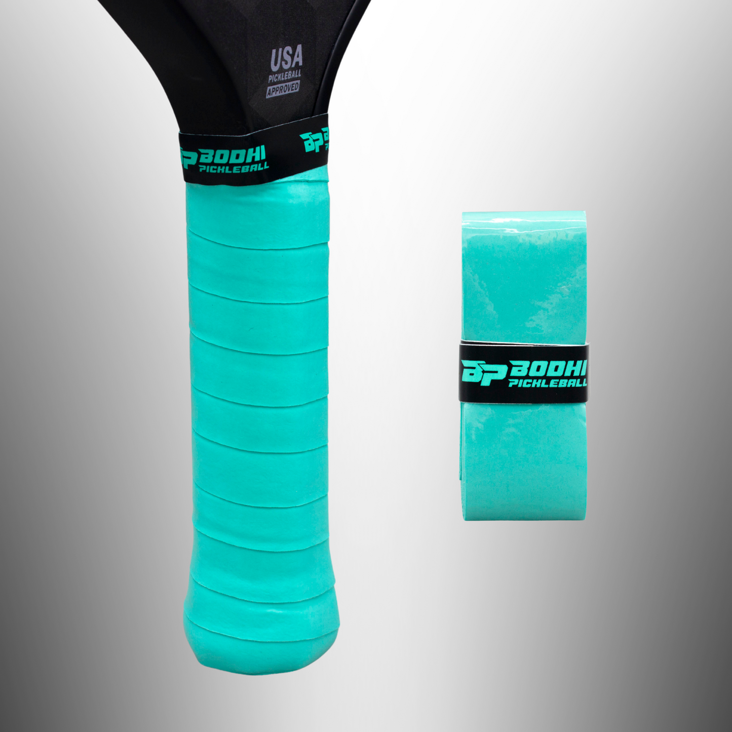 A close-up of a Bodhi Performance PROtack™ Premium Pickleball Overgrip in bright turquoise on a paddle handle, next to an unused rolled grip. Both show the black BODHI Pickleball label on a smooth white-to-gray gradient background.