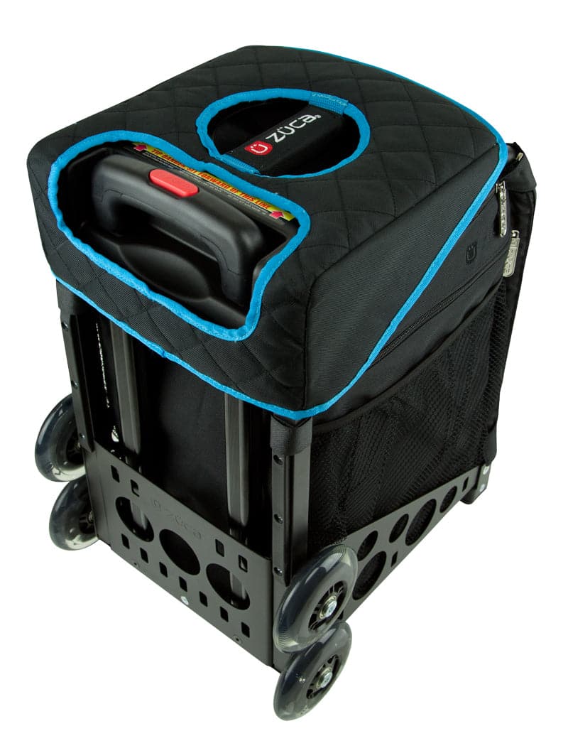 A black, quilted rolling crate with blue trim from ZUCA features four wheels, mesh side pocket, sturdy handle, and fits ZUCA accessories like the Reversible Seat Cushion for added comfort and versatility.
