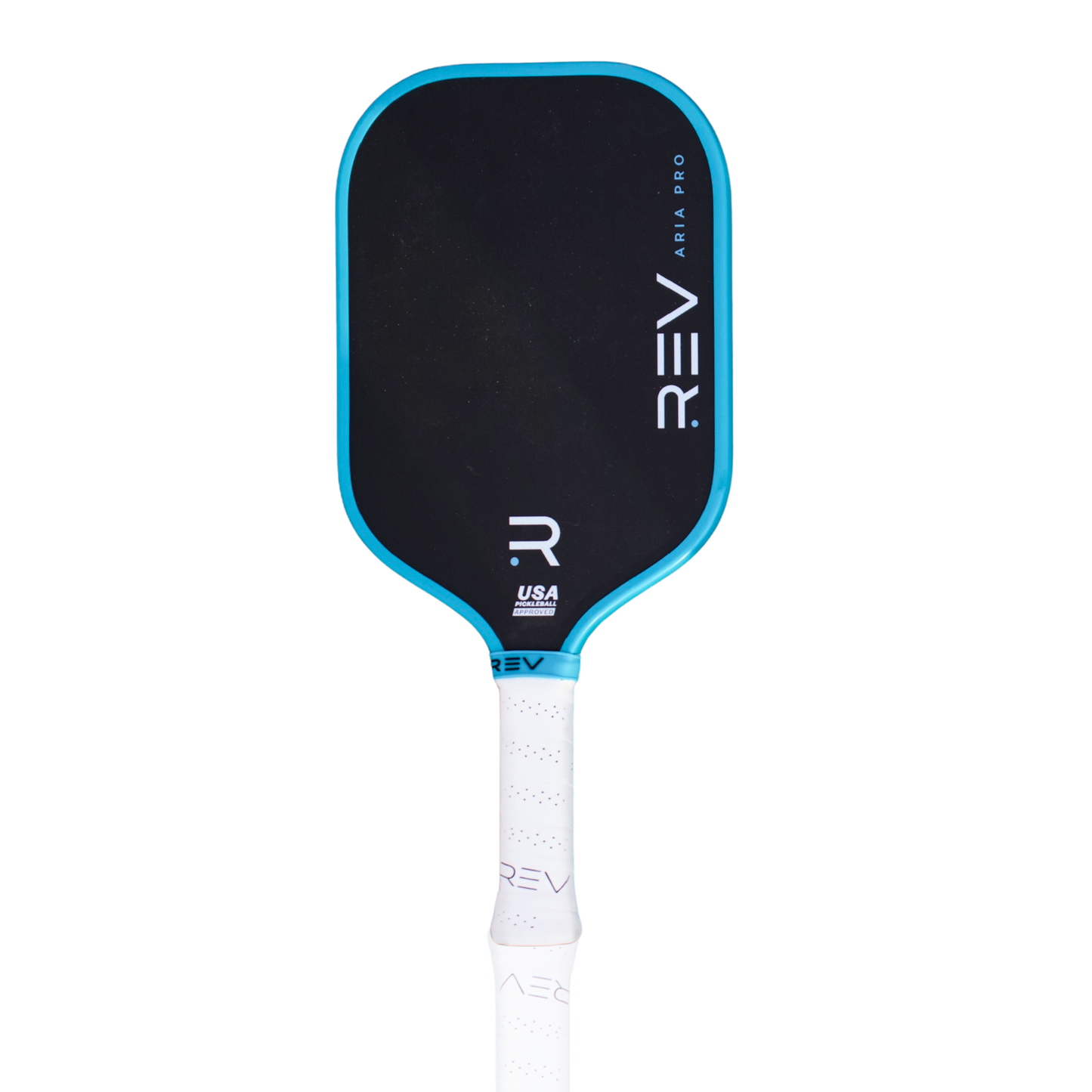 The ARIA PRO Pickleball Paddle by REV Pickleball features a black carbon fiber face, blue edge, and white "REV" and "Aria Pro Paddle" text. Its white, textured grip handle displays REV branding. The paddle is shown upright on a plain white background.