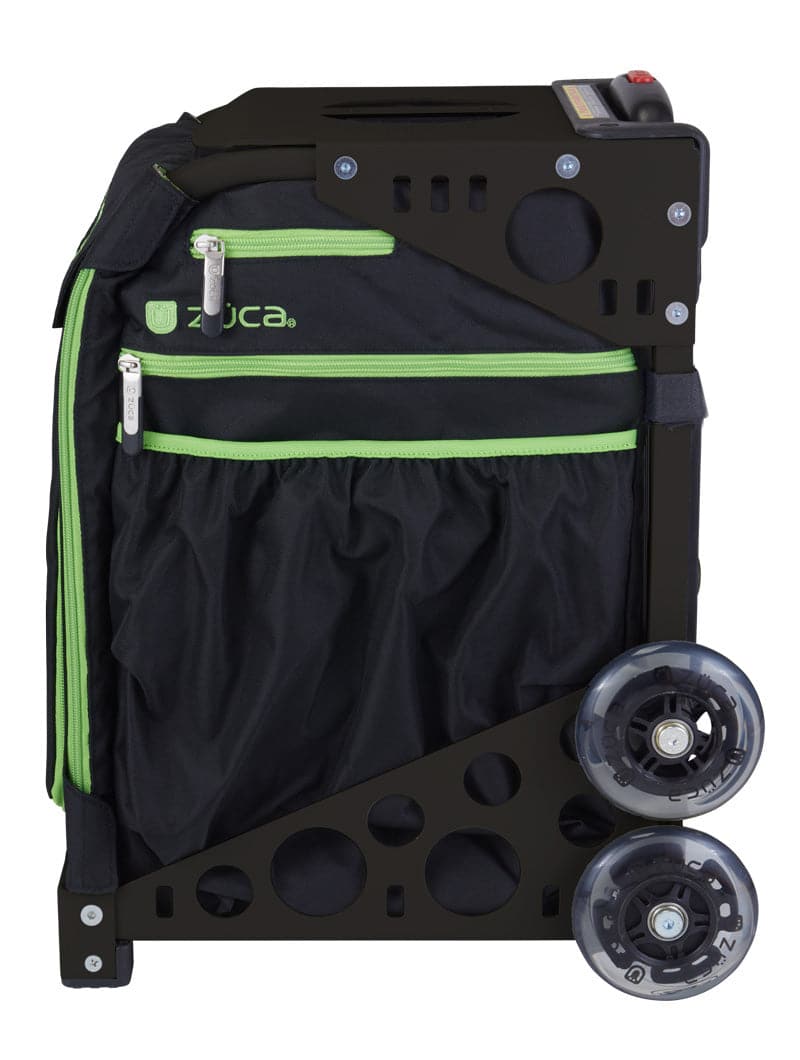 The ZUCA Pickleball Sport Black/Green is a rolling bag with a sturdy metal frame, two large clear wheels, green zippers, exterior mesh pockets, and a side handle—ideal for carrying pickleball gear. Shown from the side to display key features.