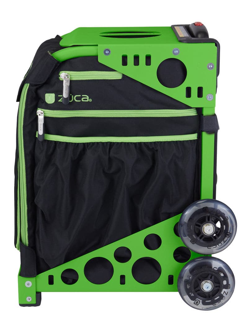 The ZUCA Pickleball Sport Black/Green bag features a sturdy metal frame with circular cutouts, large clear wheels, zippered compartments, and an extendable handle—perfect for carrying and organizing pickleball gear.