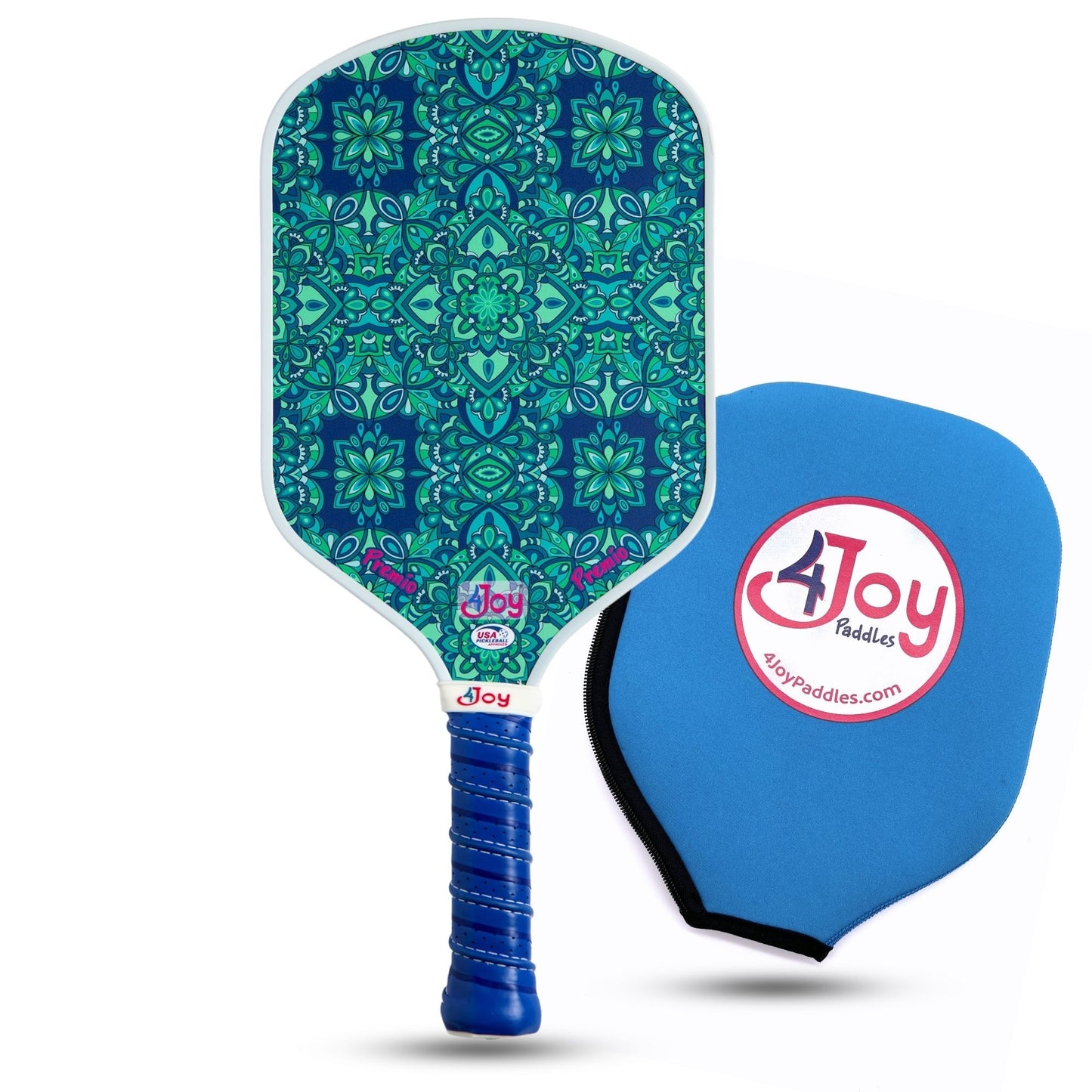 The 4Joy Pickleball Paddle Premio Series, by 4Joy Paddles, features a blue and green geometric design, blue grip, and T700 carbon fiber. Includes a blue paddle cover with the 4Joy Paddles logo and website 4joypaddles.com.