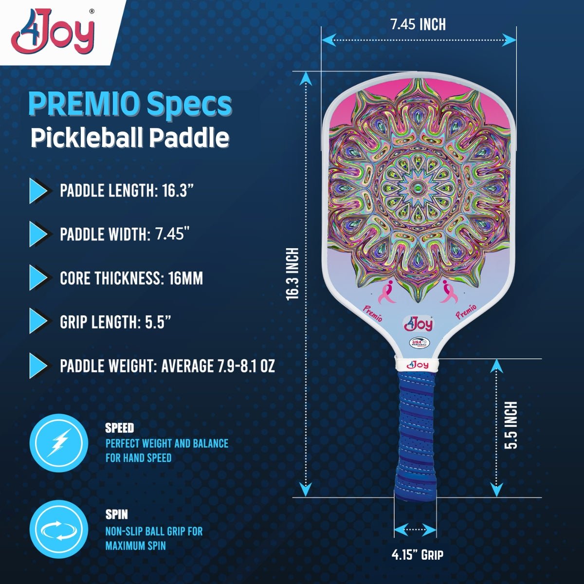 The 4Joy Pickleball Paddle Premio Series by 4Joy Paddles is shown with a mandala design and dimensions: 16.3” length, 7.45” width, 5.5” grip length, 4.15” grip, 16mm core, and weight 7.9–8.1oz; speed and spin are highlighted on the left.