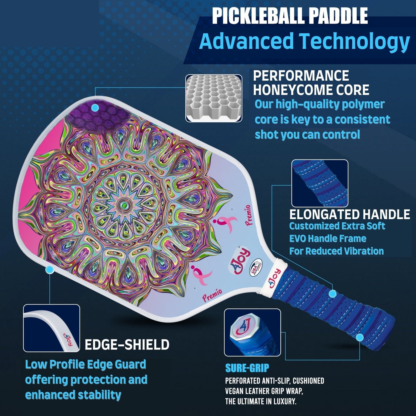 The 4Joy Paddles Premio Series High-Performance Composite Pickleball Paddle features a vibrant mandala design, T700 carbon fiber surface, polymer honeycomb core, extra soft elongated handle, low-profile edge guard, and cushioned anti-slip vegan grip.