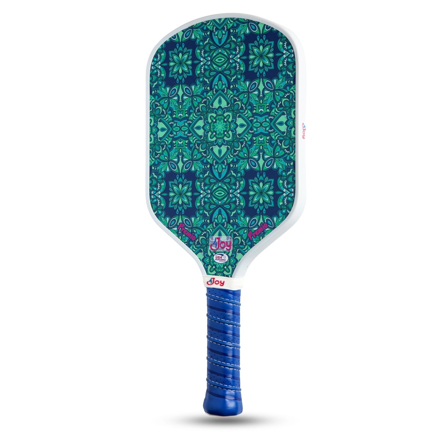 The 4Joy Pickleball Paddle Premio Series by 4Joy Paddles features a carbon face with a white edge, blue grip, and green-blue mandala design. A pink Joy logo with a flower sits near the handle for added style.