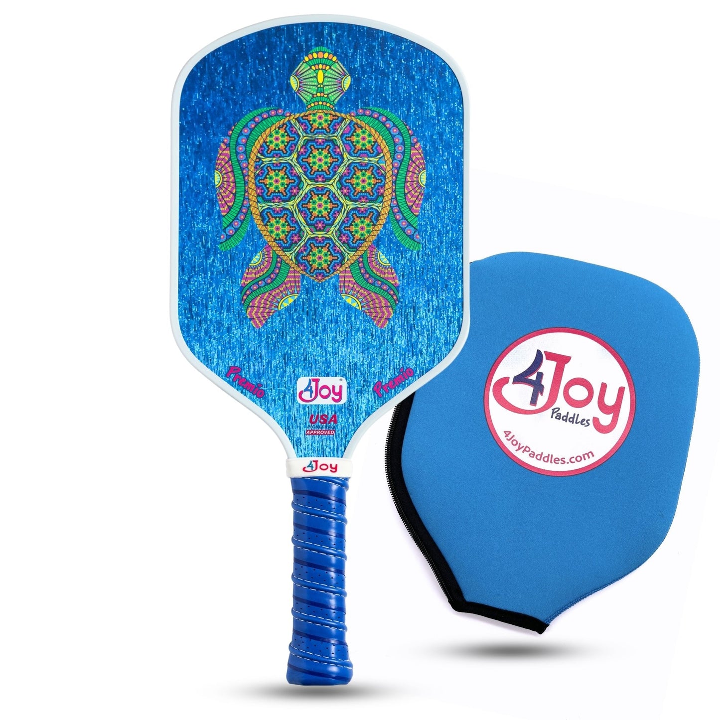 The 4Joy Pickleball Paddle Premio Series by 4Joy Paddles is a blue high-performance composite paddle with a colorful turtle design and blue grip. It comes with a fitted blue cover featuring the Joy Paddles logo and website in red and white.