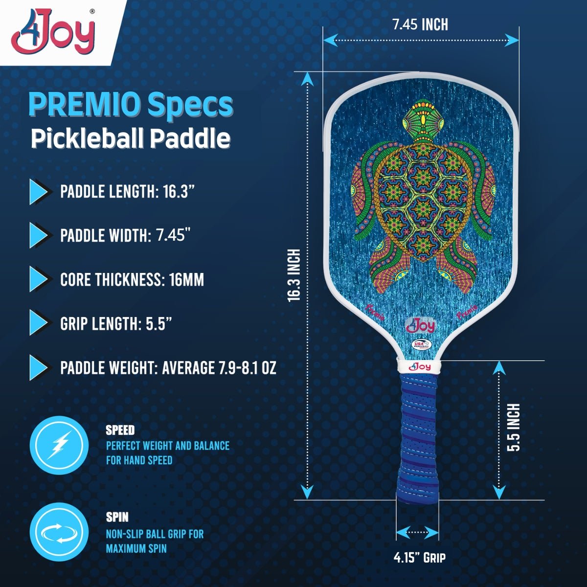 The 4Joy Pickleball Paddle Premio Series by 4Joy Paddles is a blue paddle with a vibrant turtle design, crafted from T700 carbon fiber with thermoformed construction, offering speed, balance, and a non-slip grip. Specs are shown on the paddle.
