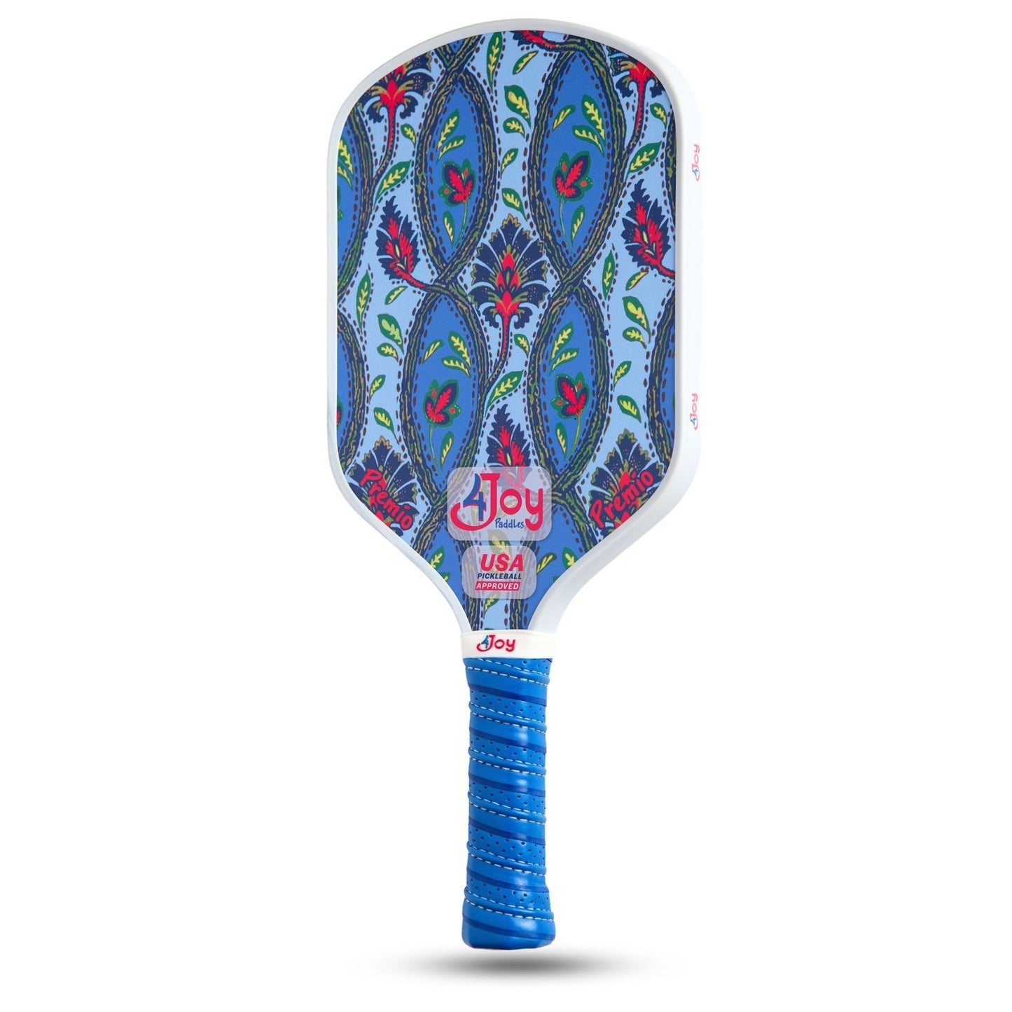 The 4Joy Pickleball Paddle Premio Series by 4Joy Paddles features a vibrant floral and leaf design on light blue, a blue grip, and "Joy" and "USA" on the throat, showcasing its high-performance thermoformed composite construction.