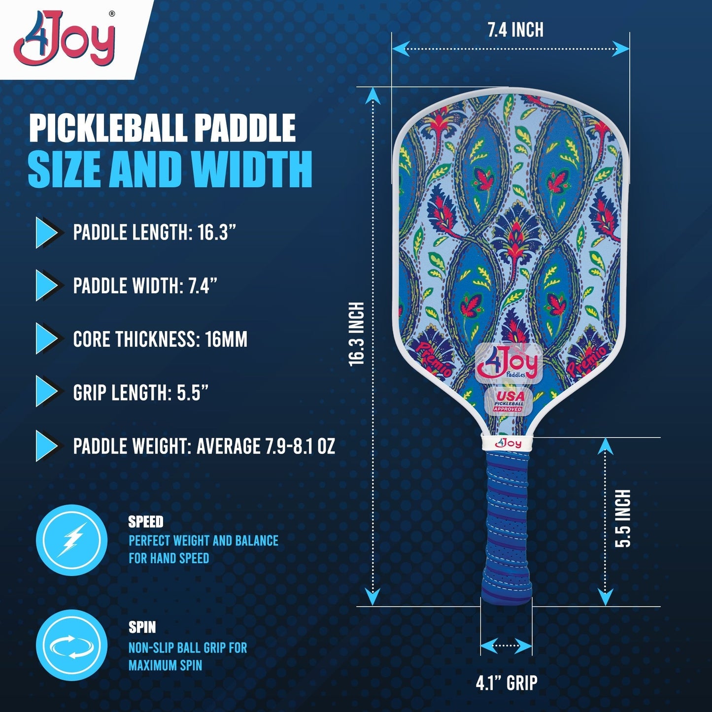 The 4Joy Paddles Premio Series High-Performance Composite Pickleball Paddle features a T700 carbon fiber blue design, 16.3" length, 7.4" width, 16mm core, 5.5" grip, and a 4.1 grip size for enhanced speed and spin benefits.