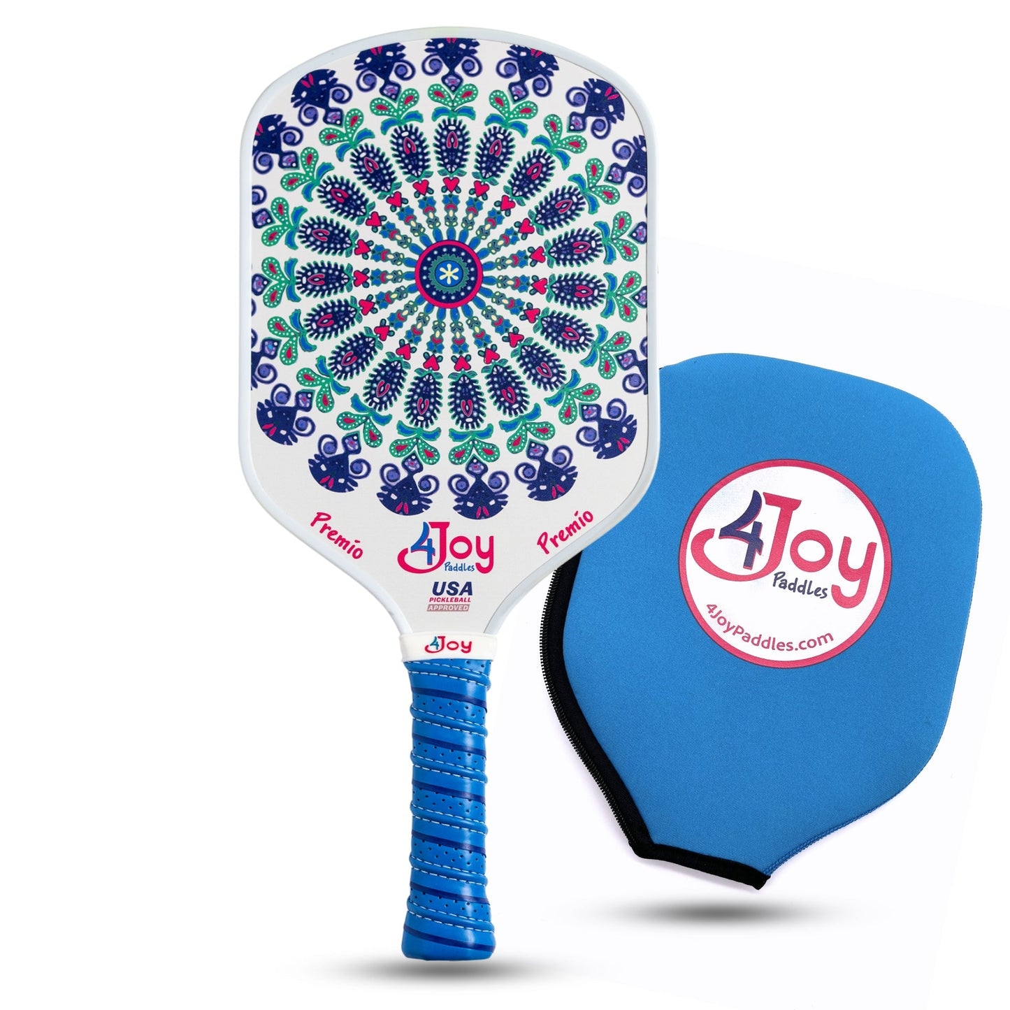 The 4Joy Pickleball Paddle Premio Series by 4Joy Paddles features a sleek design and is made with T700 carbon fiber for enhanced durability.