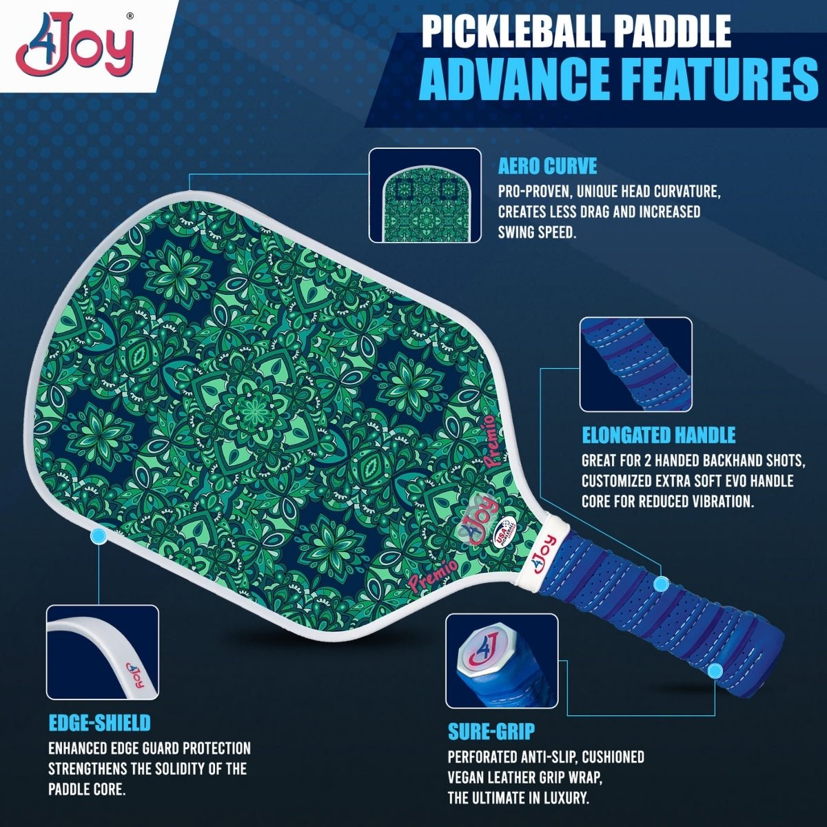 The 4Joy Paddles Premio Series High-Performance Composite Pickleball Paddle features a green and blue floral mandala design, curved edge, elongated blue handle, solid edge guard, anti-slip grip, and T700 carbon fiber construction.