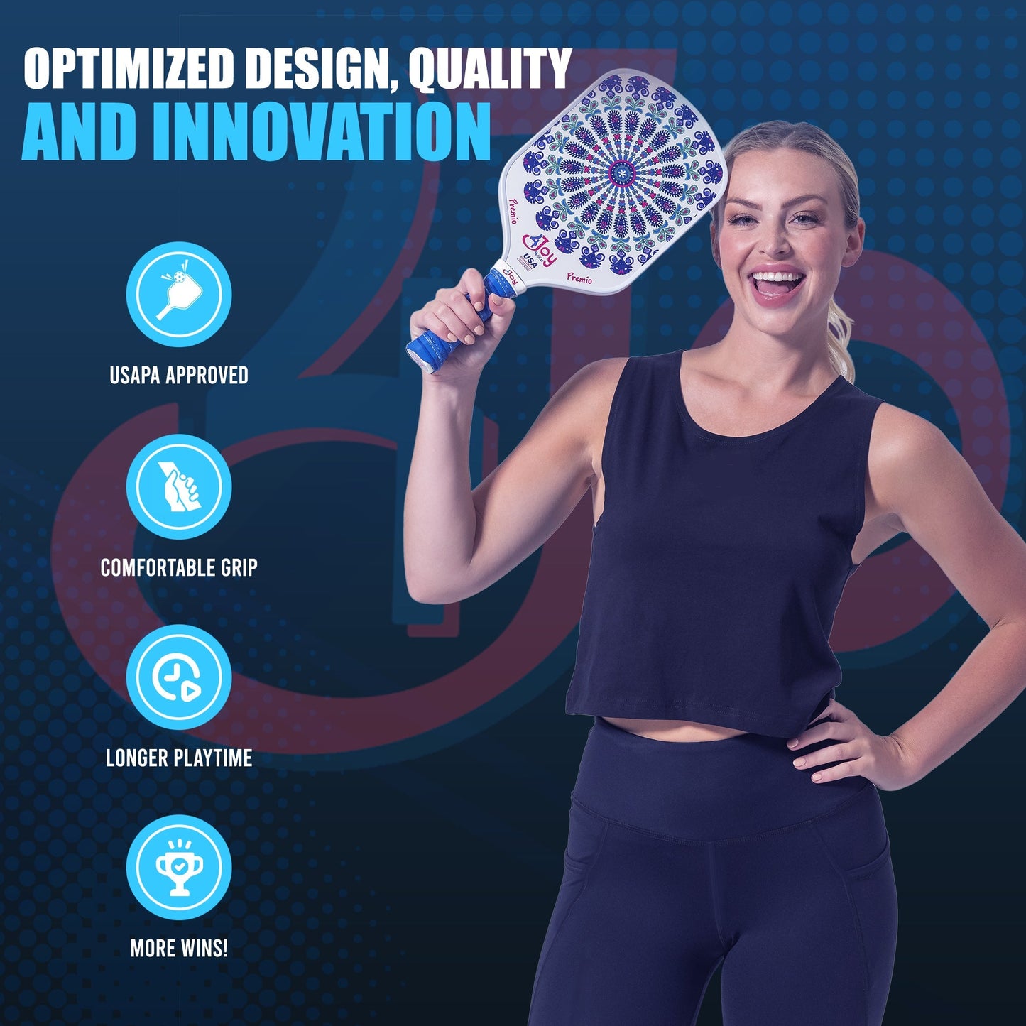A smiling woman in athletic wear holds the 4Joy Pickleball Paddle Premio Series by 4Joy Paddles. Text highlights, “USAPA approved,” “Comfortable grip,” and “Longer playtime.” Blue icons showcase innovative T700 carbon fiber and thermoformed design.