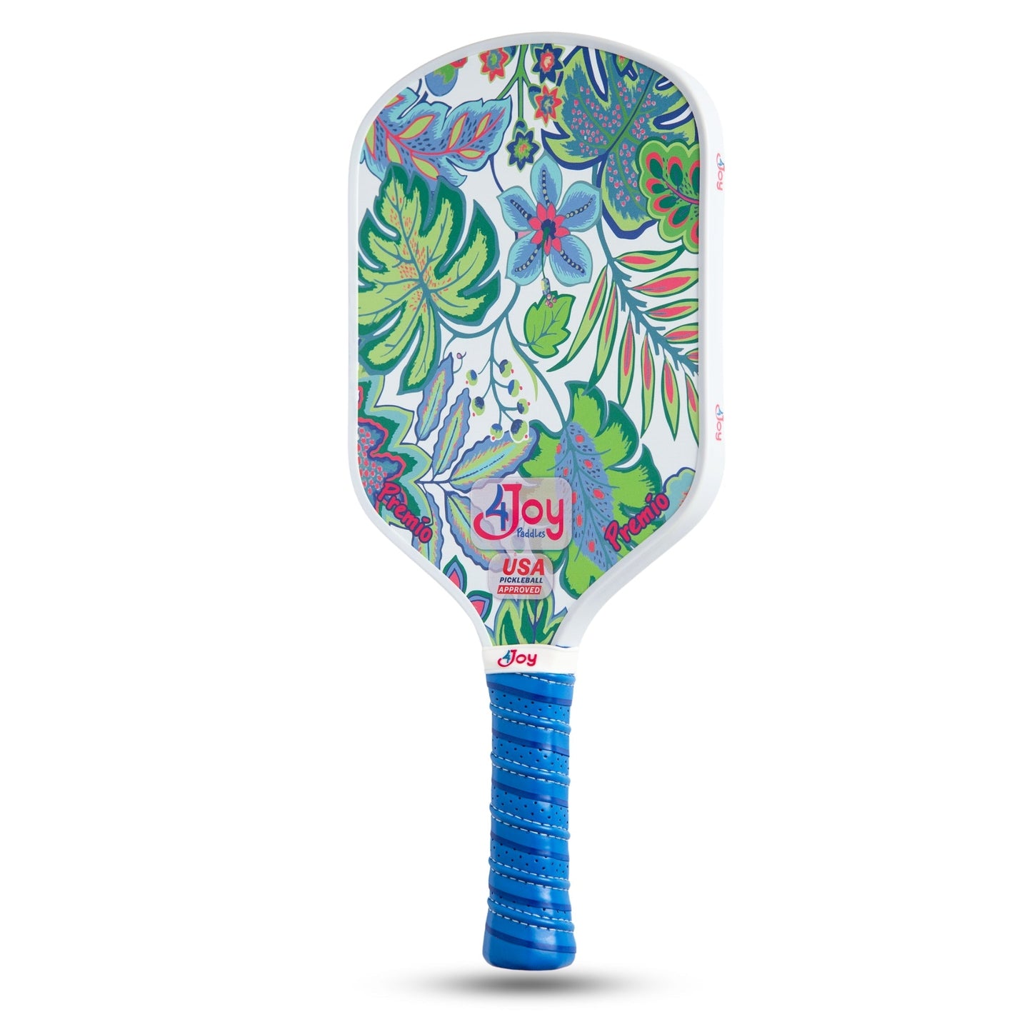 The 4Joy Pickleball Paddle Premio Series by 4Joy Paddles features a blue grip, carbon face with a green, blue, red, and purple floral design, thermoformed construction, and “Joy” plus “USA Pickleball Approved” on the front amid colorful leaves and flowers.