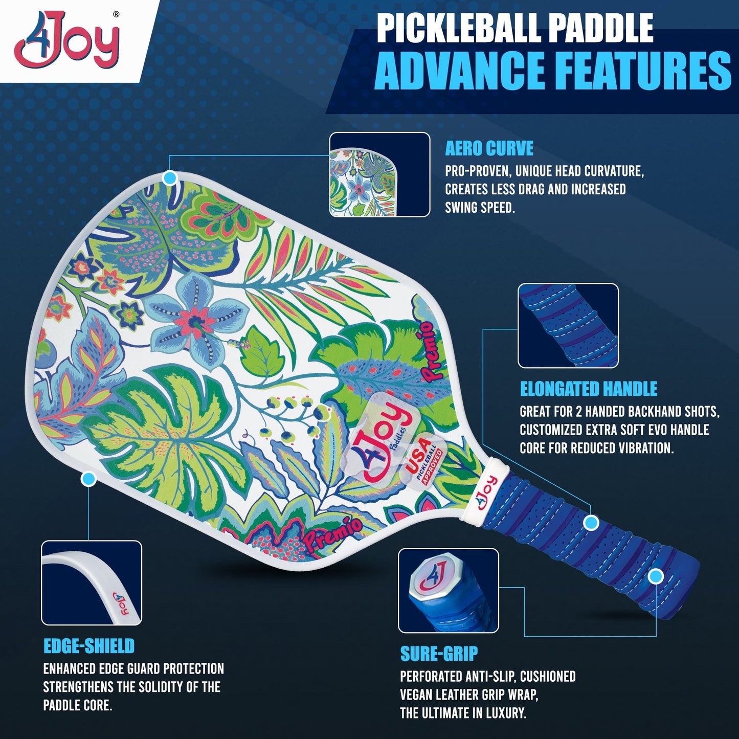 The 4Joy Pickleball Paddle Premio Series by 4Joy Paddles features a colorful floral design, Aero Curve for reduced drag, an elongated handle for two-handed backhands, edge-shield durability, and a cushioned, anti-slip vegan leather Sure-Grip.