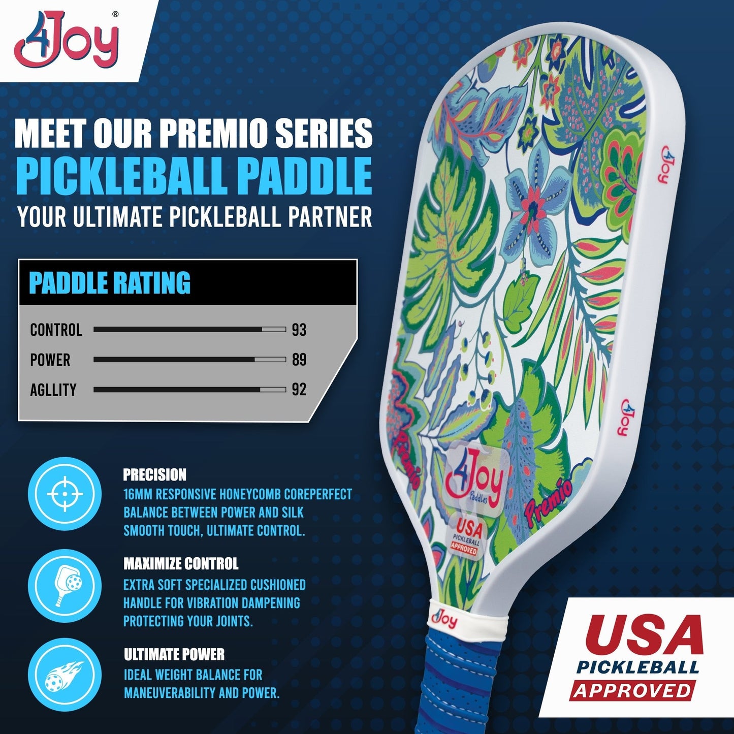 The 4Joy Pickleball Paddle Premio Series by 4Joy Paddles is shown with vibrant floral patterns, T700 carbon fiber, and great precision. Ratings: Control 93, Power 89, Agility 92. “USA Pickleball Approved” badge at bottom right.