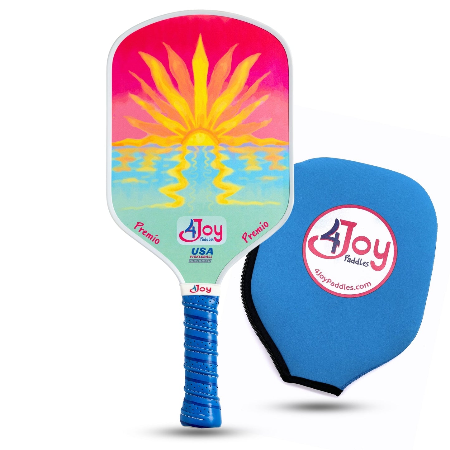 The 4Joy Pickleball Paddle Premio Series by 4Joy Paddles features a colorful sun and water design in pink, yellow, and blue, a textured blue handle, and comes with a blue zippered case with the “4Joy” logo and website in red and white.
