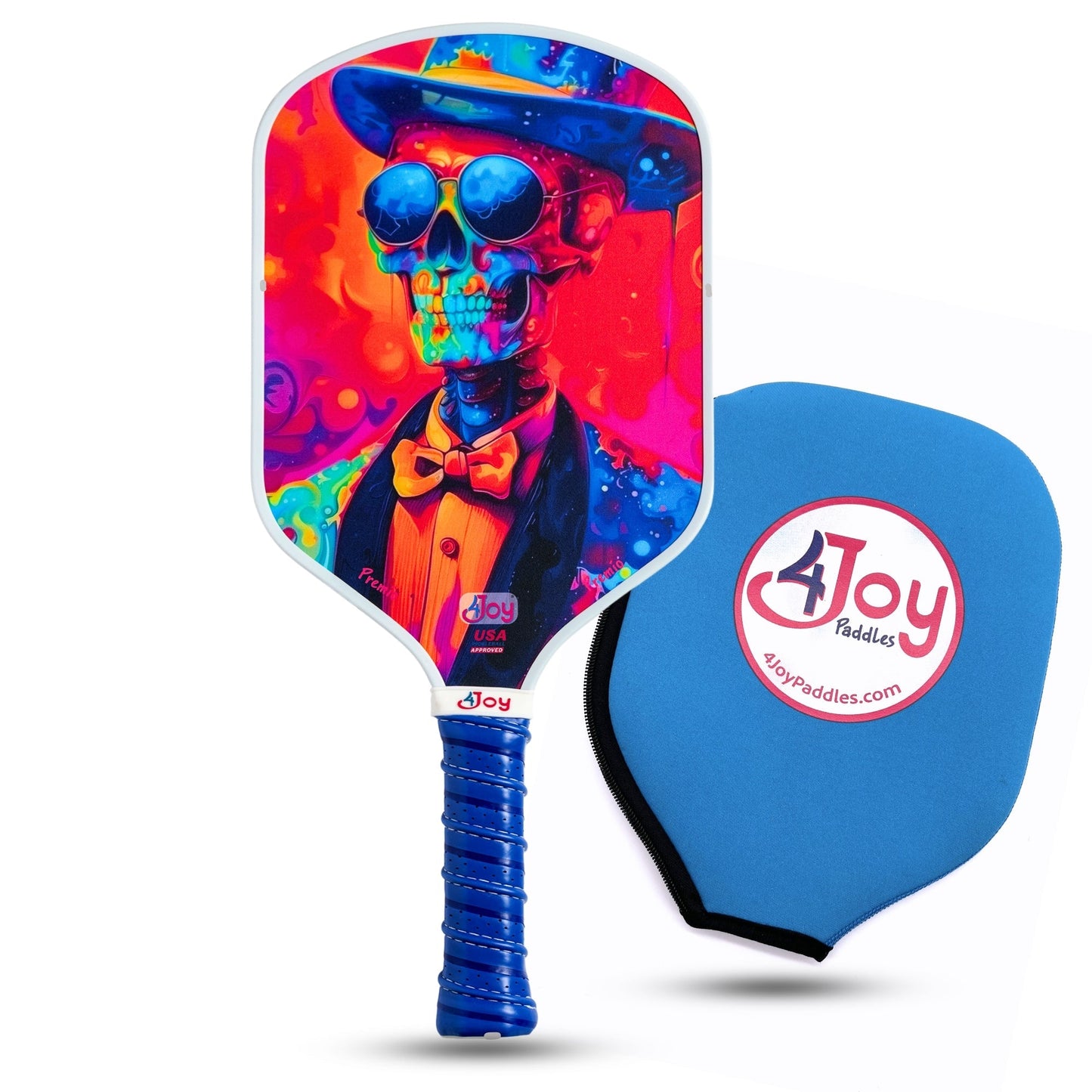 The 4Joy Paddles Premio Series high-performance pickleball paddle boasts a T700 carbon fiber face with a vibrant skeleton in a suit, blue grip, and comes with a blue zippered Joy Paddles cover.
