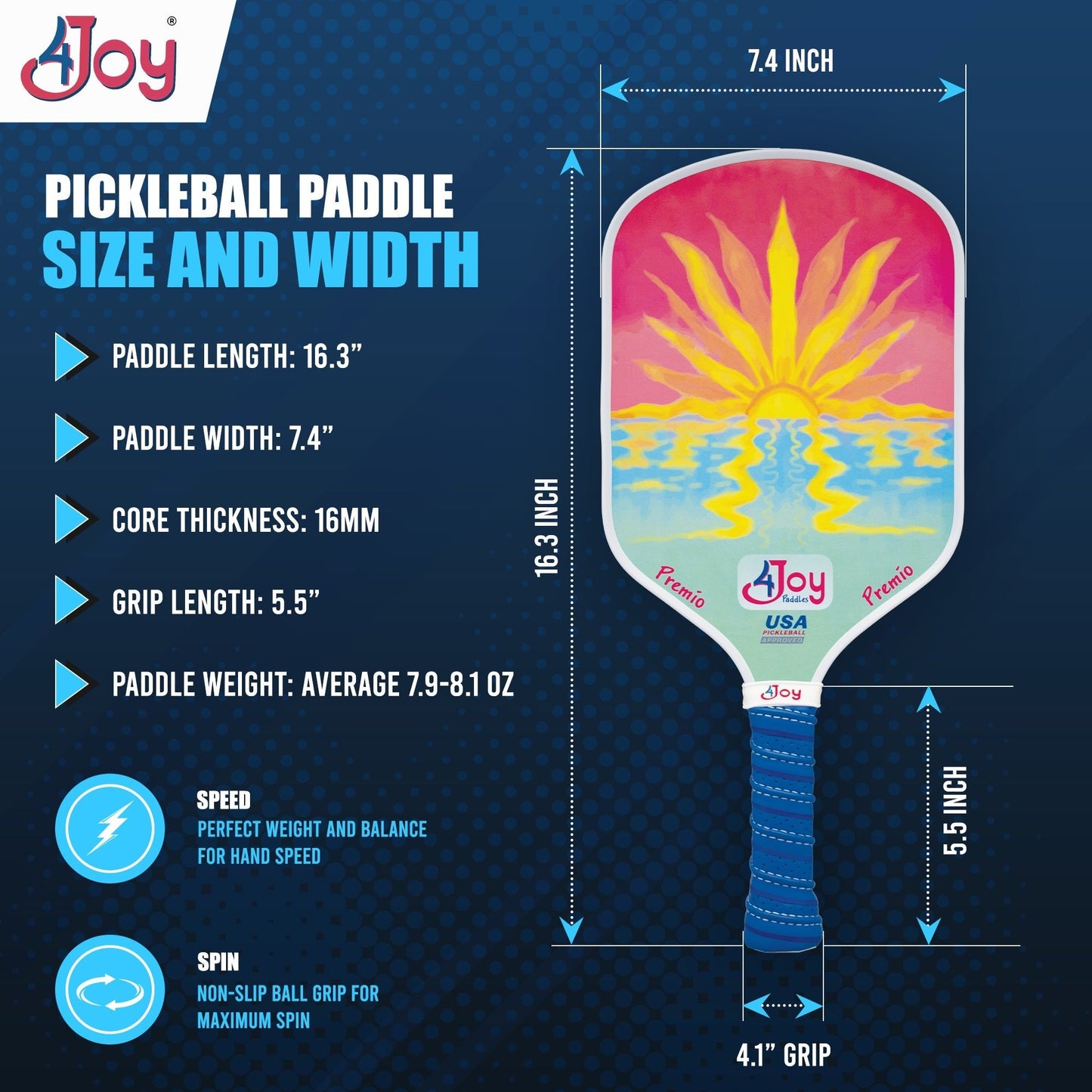 The 4Joy Pickleball Paddle Premio Series by 4Joy Paddles features a sun and wave design, measures 16.3" x 7.4", with a 16mm core, 5.5" grip length, 4.1" grip size, weighs 7.9–8.1 oz, and highlights speed and spin performance.