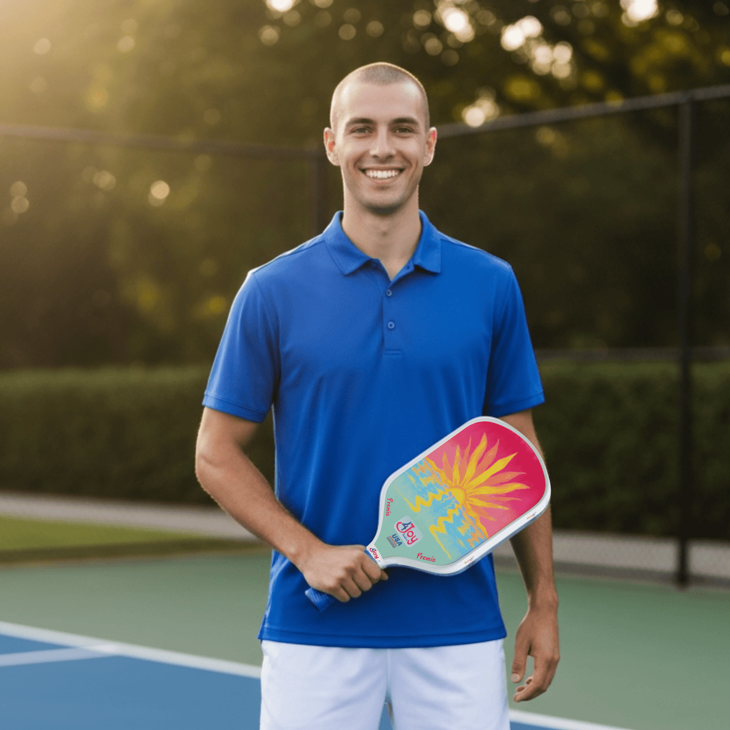 A smiling man in a blue polo and white shorts stands on an outdoor pickleball court, holding the 4Joy Pickleball Paddle Premio Series from 4Joy Paddles. Sunlight filters through trees, with a chain-link fence and greenery in the background.