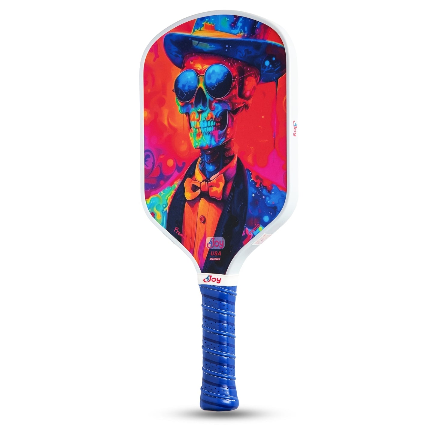The 4Joy Pickleball Paddle Premio Series by 4Joy Paddles features T700 carbon fiber thermoformed construction, a blue-wrapped grip, and vibrant “Joy” branding with a psychedelic skeleton design in a top hat and suit.