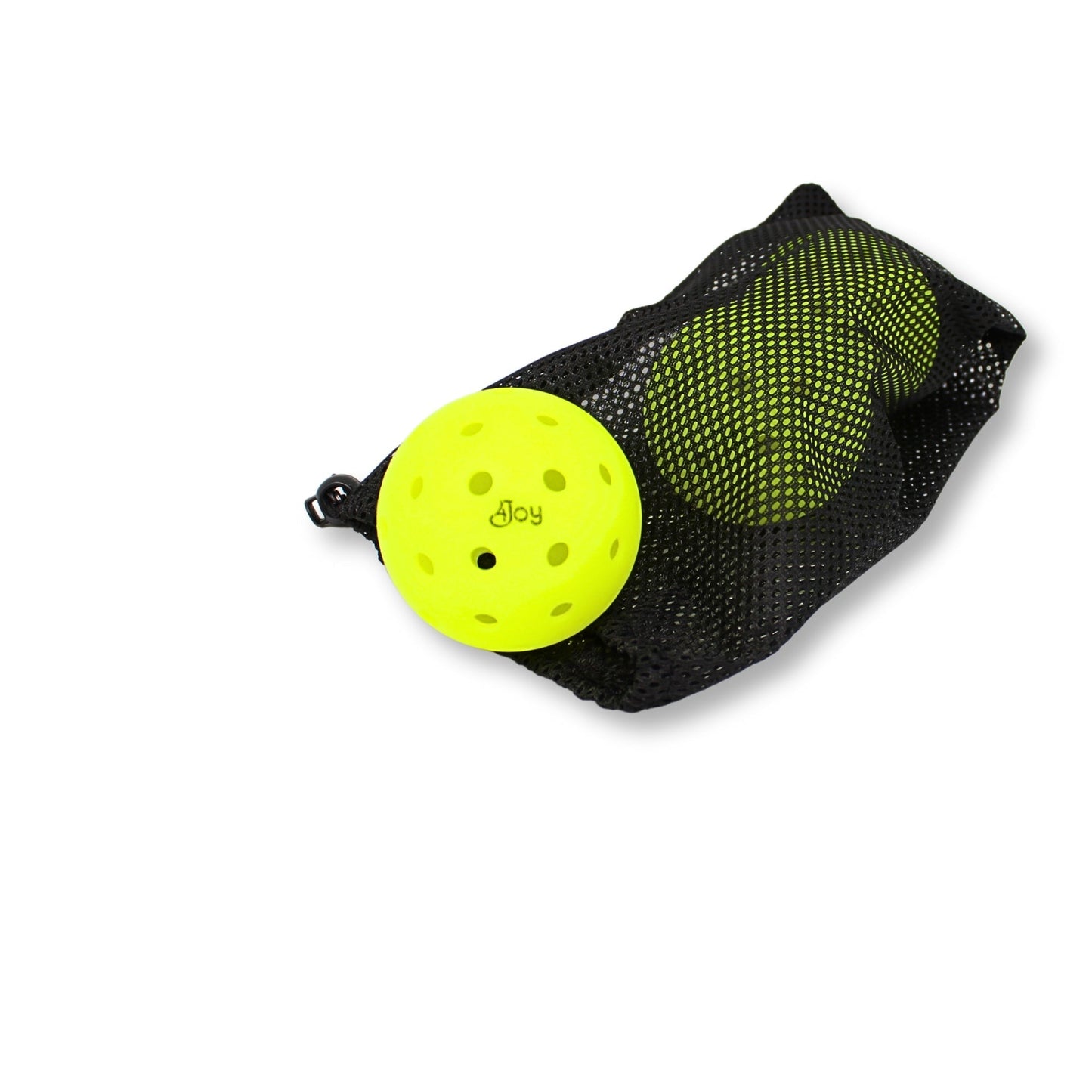 A black mesh bag with a drawstring holds three Hi-Vis yellow 4Joy Pickleballs from 4Joy Paddles, with one partially outside the bag to show the branding. All items rest on a plain white surface.