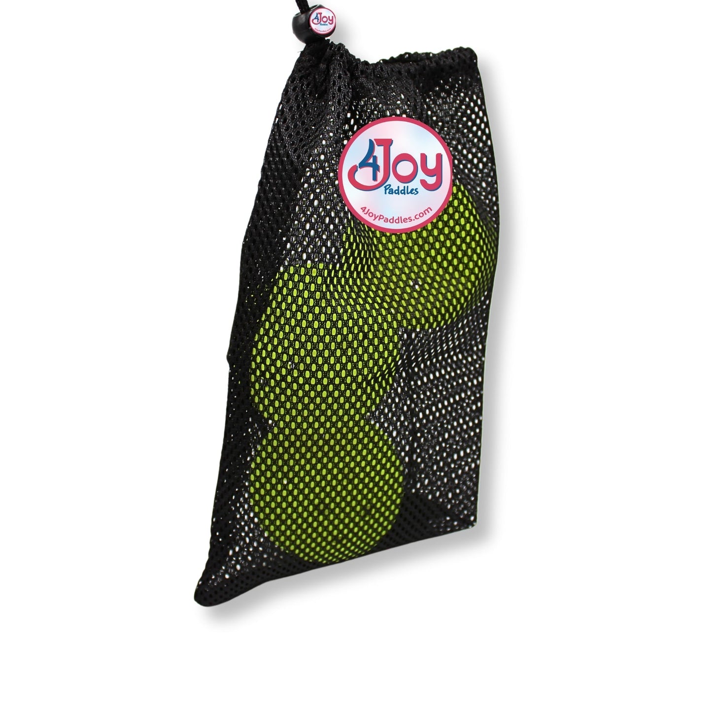 A black mesh bag with a 4Joy Paddles logo holds three Hi-Vis yellow 4Joy Pickleballs - 3 Pack. The mesh lets the pickleballs show through, while a plain white background highlights the bag and its contents.