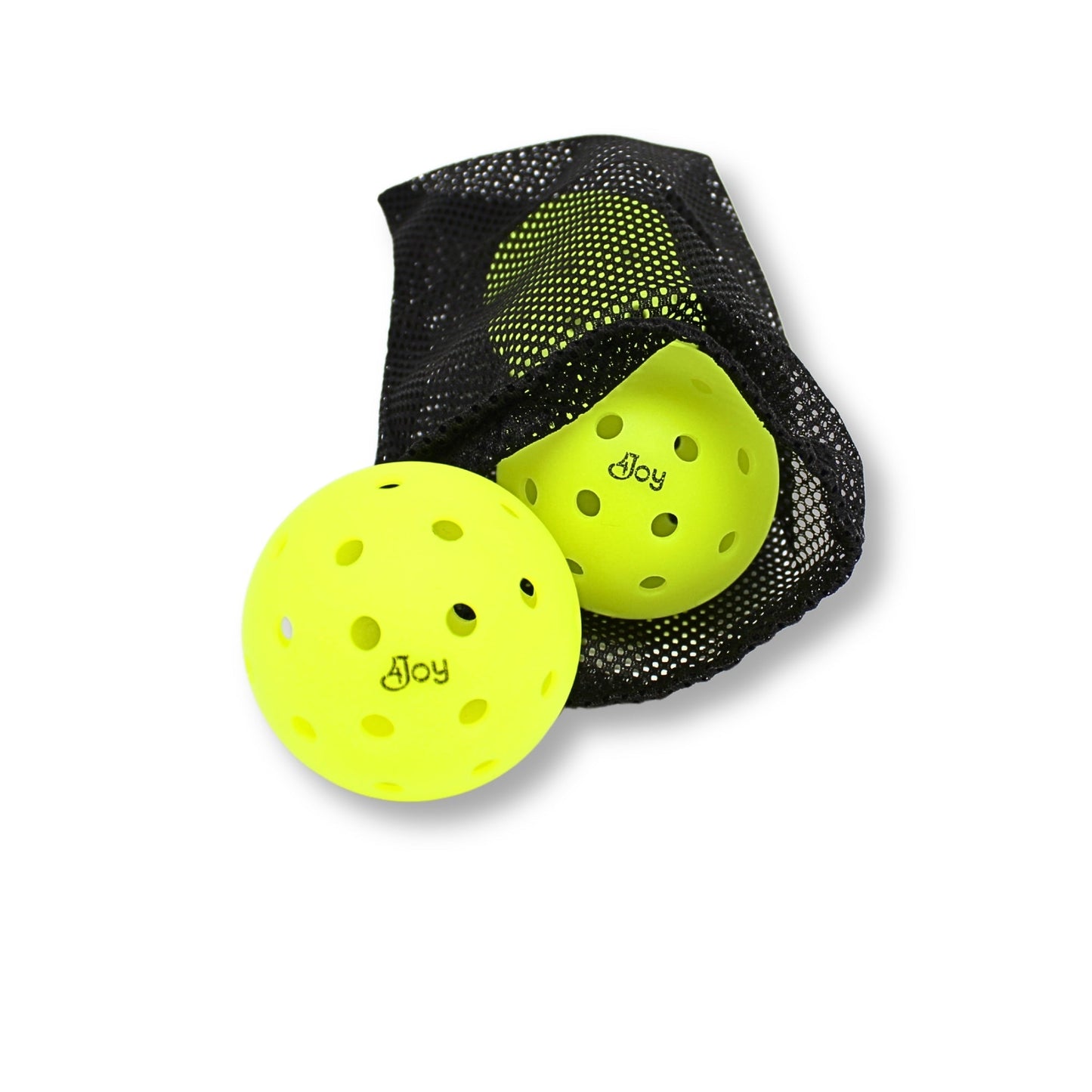 A black mesh bag holds bright yellow 4Joy Pickleballs from 4Joy Paddles, with balls spilling out. The set contains three outdoor pickleball balls, each printed with the brand name. The scene is set against a plain white background.
