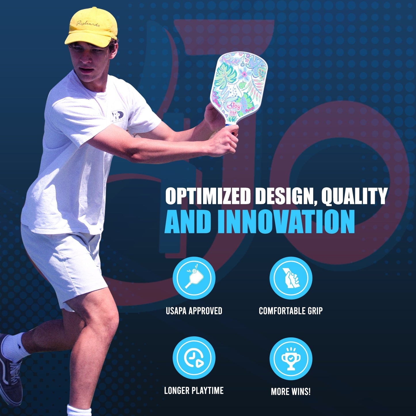 A young man in a yellow cap and white athletic wear plays pickleball, holding the 4Joy Paddles White Palm 4Joy Pickleball Paddle Premio Series, with a blue backdrop featuring circles, “optimized design & innovation” text, and approval and comfort icons.