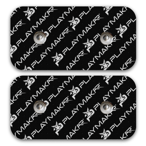 The iReliev SPORT Large Pads Refill Kit features two rectangular black electrode pads with rounded corners, dual metal snap connectors, and a diagonal repeating white iReliev logo. Designed for multiple muscle groups, displayed on a plain white background.