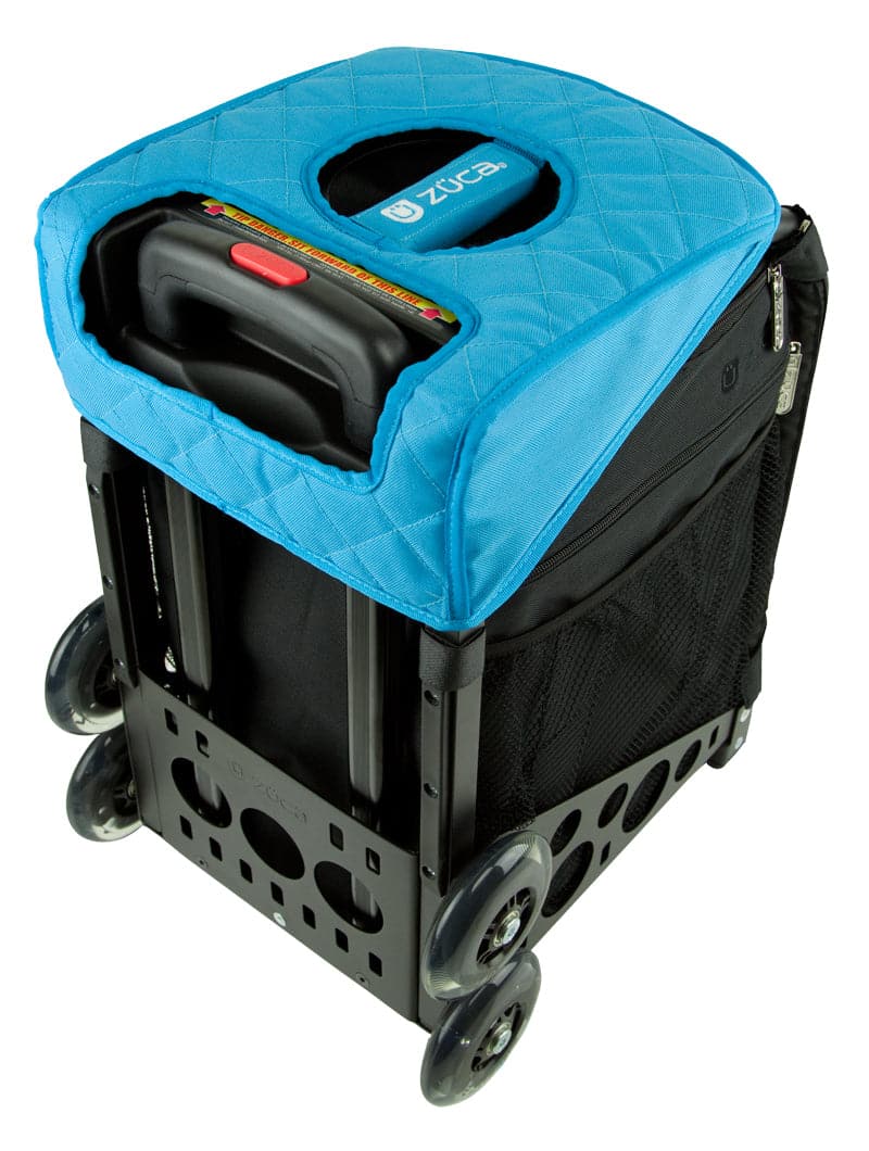A black rolling utility cart with sturdy frame and four wheels, including two large side wheels, features a ZUCA Reversible Seat Cushion—a bright blue padded cushion with a zippered opening—showing the handle and interior storage.