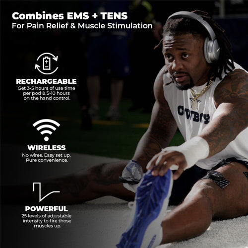 A Dallas Cowboys player stretches on the field, wearing headphones and an iReliev PRO Wireless Muscle Stimulator with TENS + EMS for recovery. Features include 25 intensity levels, a rechargeable battery, and EMS+TENS pain relief.