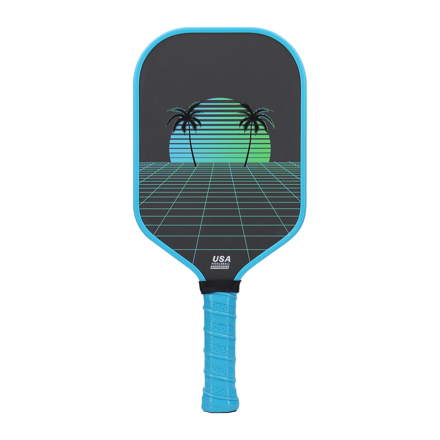 The KONDOR PICKLEBALL Oasis Pro Power - TROPIXX Series paddle features a raw carbon face, blue grip and border, retro 80s sunset design with palm trees and grid, plus “USA” and “CORE” printed near the handle.