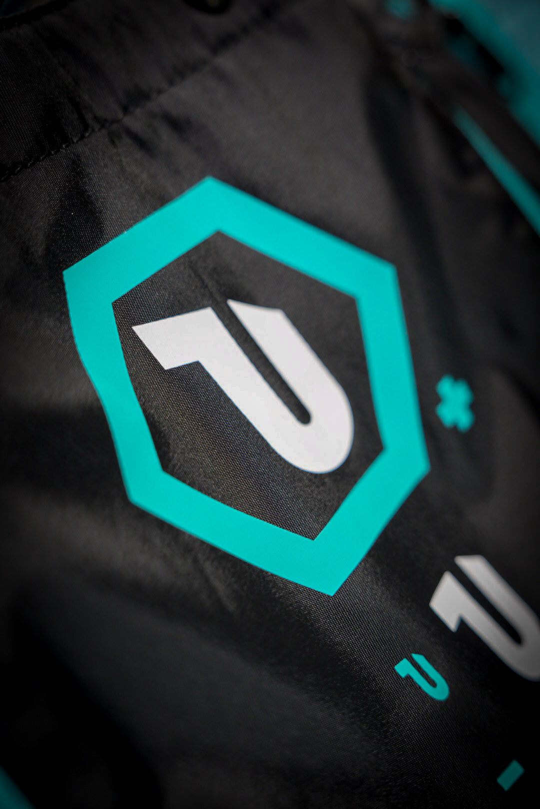 A close-up of the Potenza Pickleball Tournament Paddle Bag in black, featuring a teal hexagon with a white “P” logo and teal accents. Smaller, partially visible Potenza logos appear on the bag's fabric.
