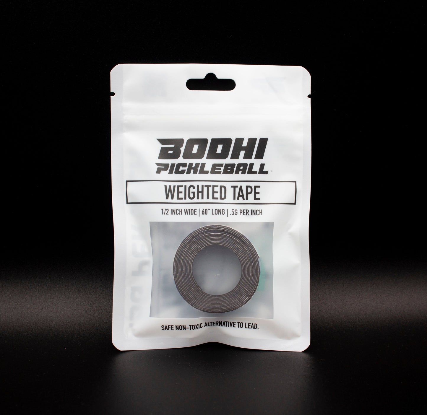 A white, resealable pack of Bodhi Performance PROtune™ Weighted Tape stands upright. The label displays the brand, paddle customization info, 1/2"x60" dimensions, and notes it as a safe, non-toxic alternative to lead.