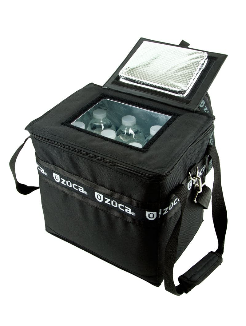 A black insulated ZUCA Cooler with a shoulder strap, mesh pocket, and clear window in the lid. Side bands feature the ZUCA logo. Shown open with plastic bottles inside. Ideal for use as a cooler with ice packs.