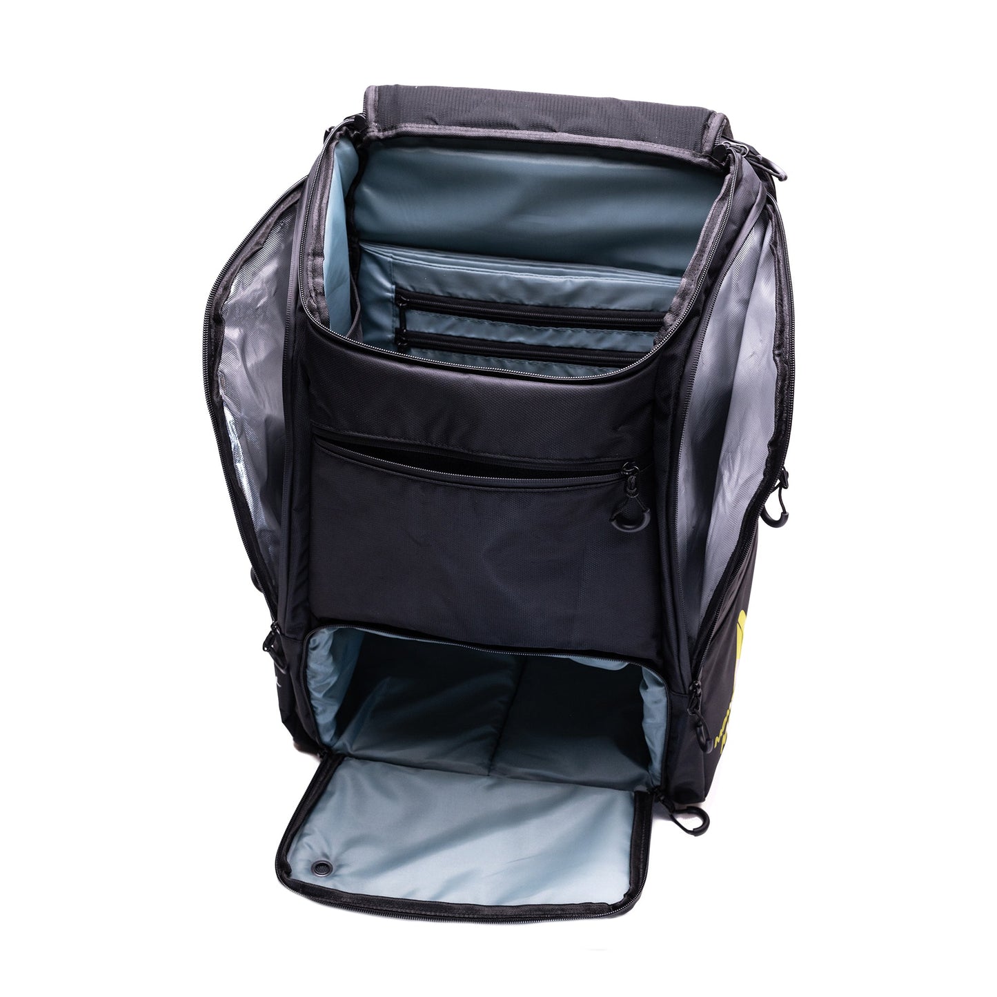 The Moment Pickleball MW-PRO Bag / Travel Bag Black/Yellow stands upright with all zippered compartments open, showing a spacious light gray interior. The main compartment is large with mesh pockets and dividers for organizing gear.