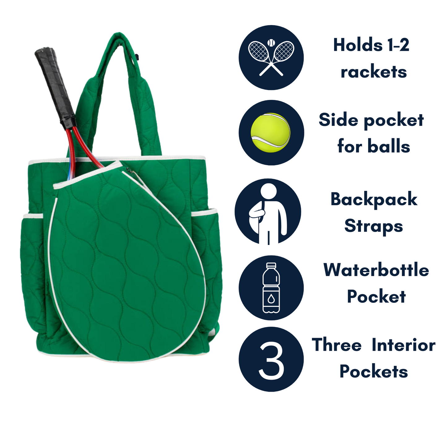 The Park Ave Tennis Convertible Bag/Backpack by Queen of the Court is a green quilted bag holding 1–2 rackets, with a side pocket for balls, backpack straps, water bottle pocket, and three interior pockets—perfect for tennis players.