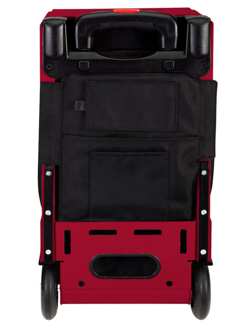 The ZUCA Pickleball Pro Black/Black features a sturdy base with multiple rivets and slots, two black wheels, a bottom fabric pouch, and a top handle—ideal for storing pickleball gear.