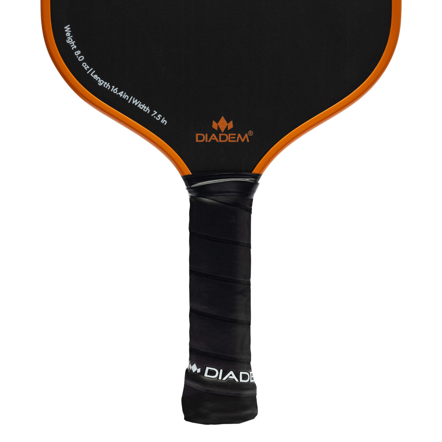 Close-up of the Diadem Sports Warrior Edge pickleball paddle, USAPA approved, with a black face, orange border, grip-taped handle, and orange and white Diadem logo. Paddle specs are printed on the edge.