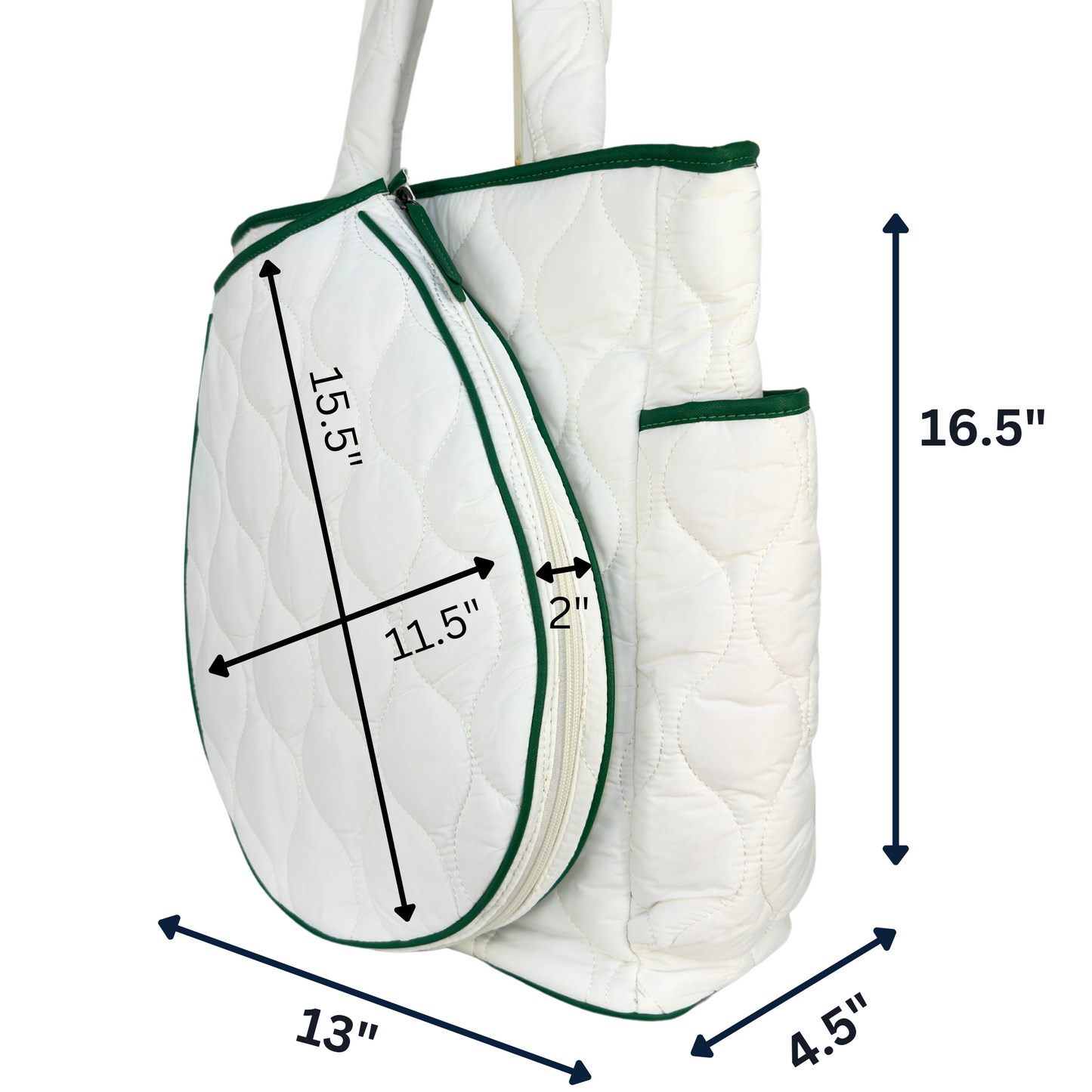 The Queen of the Court Park Ave Tennis Convertible Bag/Backpack is shown upright in quilted white with green trim, measuring 16.5" tall, 13" wide, and 4.5" deep, featuring a rounded front zip compartment and side pocket for organized storage.